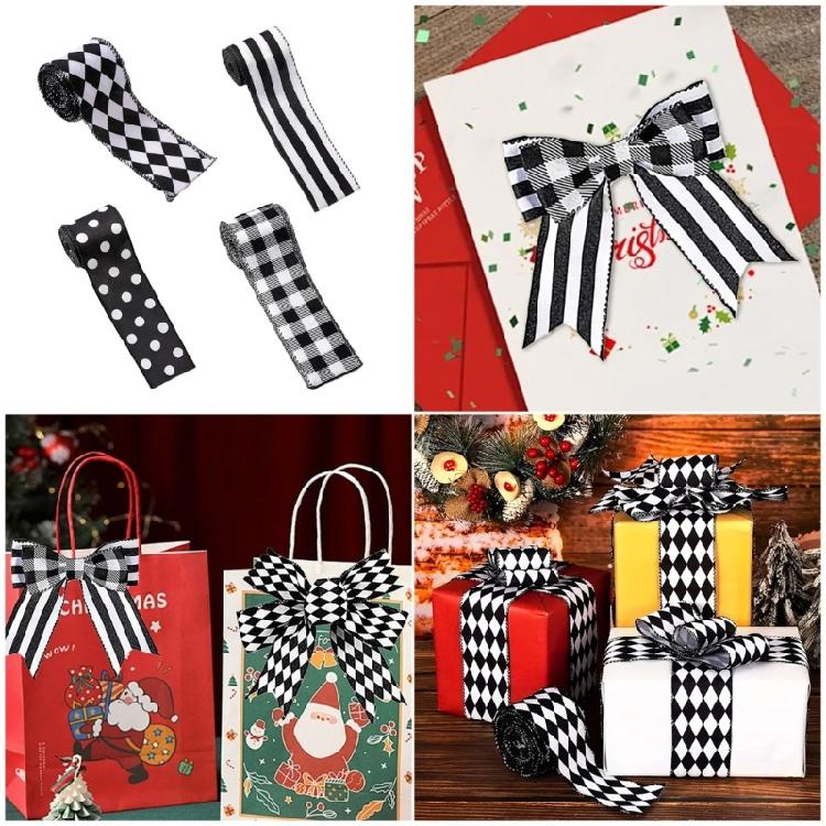 Crafting Ribbon For Holiday Decorations Gift Bowknot Christmas Tree Ornament Durable Polyester Fabric Black White Design
