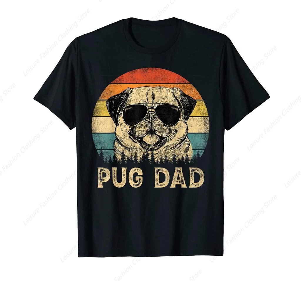Vintage Pug Dad Dog Lovers Father's Day Tee T-Shirt Round Neck Short Sleeves  Tee Shirt Tops