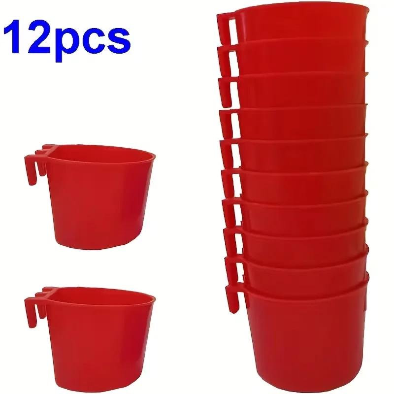 12pcs Feeder Cage Cups Hanging Chicken Water Cups Bowl with Hooks Rabbit Food Plastic Feeding Watering Supplies Pigeon Poultry