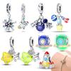 925 Silver Pink Glowing Star Spaceship Beads Rocket Astronaut Pendant Fit Bracelet Woman DIY Jewelry Fine Gift Making