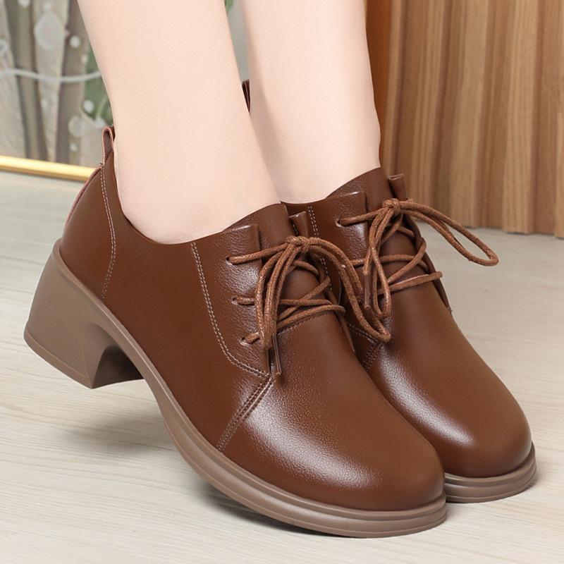 Soft leather soft sole, spring and autumn deep mouth lace-up single shoes work shoes women's black women's leather shoes