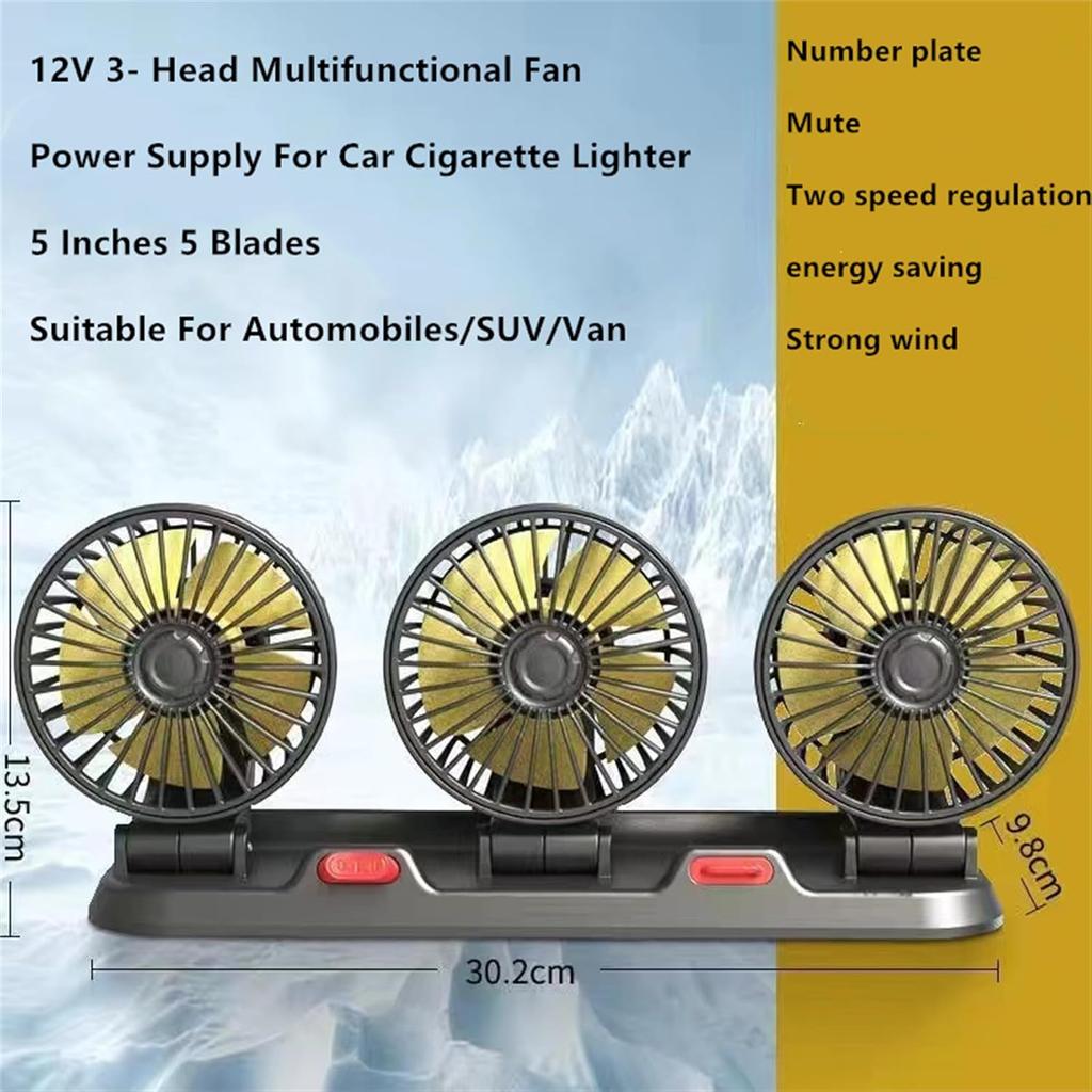 12v Air Conditioner Car Fan Adjustable Three Head Fan for Car, Portable Vehicle Cooling Fan, 2 Speeds Car Essentials Car Cooler Fan for SUV, RV,