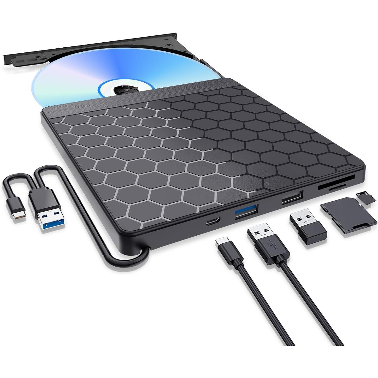 

Внешний CD/DVD привод LJIAL для ноутбука, USB 3.0 CD-резак с 2 USB-портами и 2 слотами для карт TF/SD, DVD-плеер для ноутбука Mac PC чёрный
