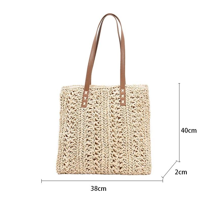 Square Hollow Straw Beach Bag Handmade Woven Shoulder Bag Rattan Shopping Travel Bag Bohemian Summer Vacation Casual Tote