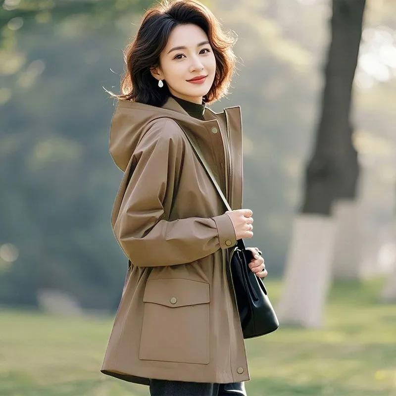 

Женская одежда Приталенное ветрозащитное пальто Куртка с капюшоном Ретро Элегантное тренч-пальто Верхняя одежда XS хаки