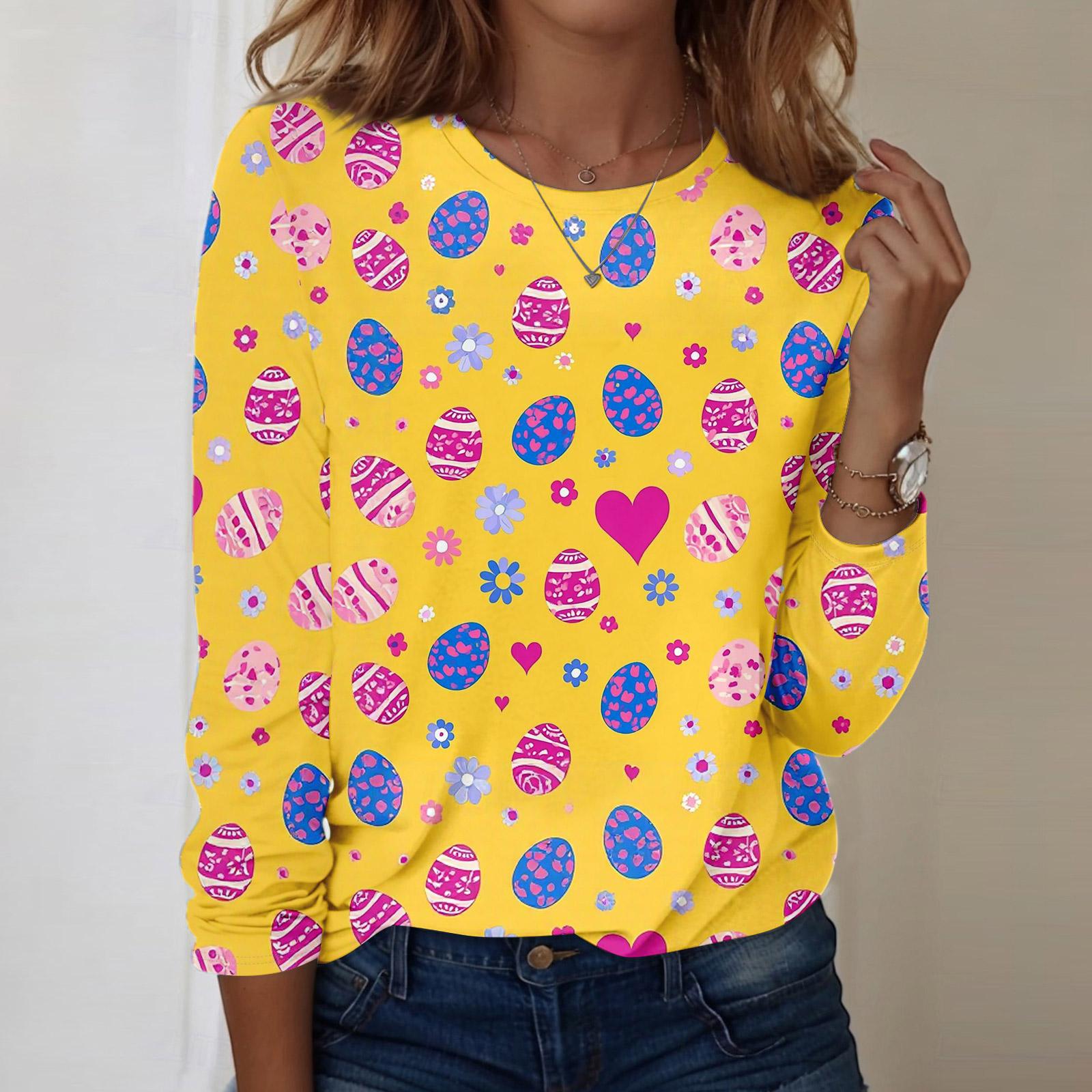 

Women s daily casual long sleeved Easter printed round neck top M жовтий