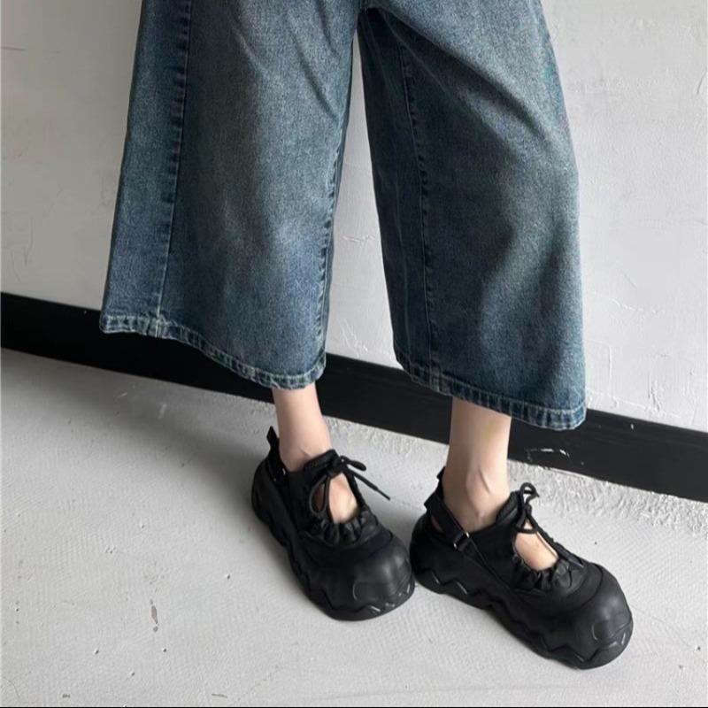 Spring New Big Head Bread Shoes Women's Dark Apricot Wave Thick Sole Fashion Casual Smile Single Shoes