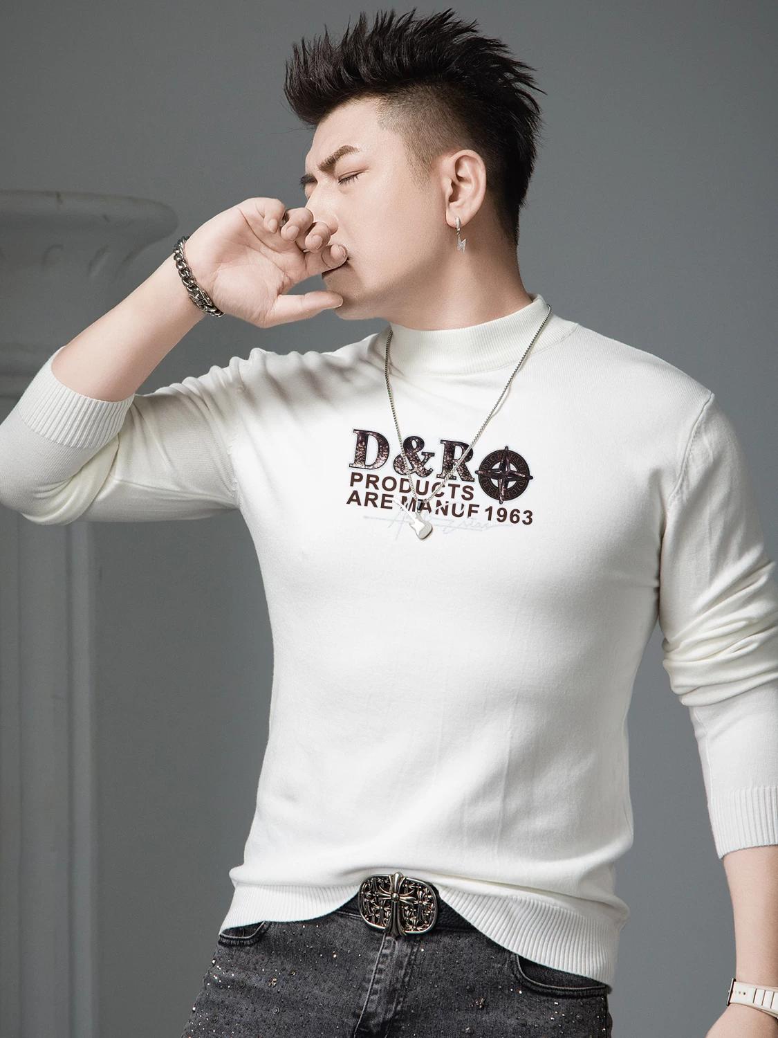 European Style Half-Turtleneck Men s Sweater 2025 Autumn New Trendy Printed Knitwear Warm Knitted Base Shirt M белый