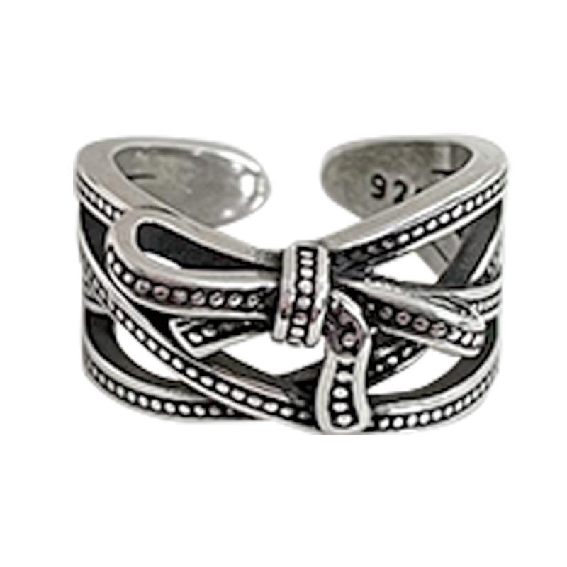 Lan Zhi 925 Sterling Silver Bowknot Distressed Open Ring for Women - Exaggerated Hip Hop Style, Non-fading Jewelry.