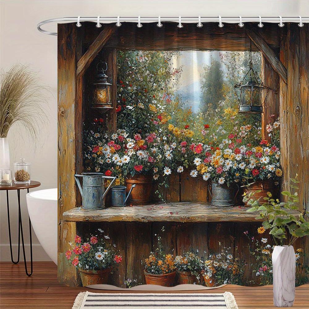 Wasserdichter Floral Garden Duschvorhang Badezimmer Deko Rustikales Blockhaus Cottagecore Stil Polyester Einsatz Waldmotiv Druck Duschvorh