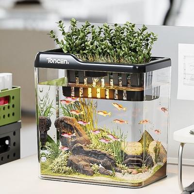 Nieuw 2-in-1 Vis Aquarium met Deksel en Verlichting PET ABS Hydroponische Tank Transparant Multifunctioneel Desktop Aquarium Vissen Houden