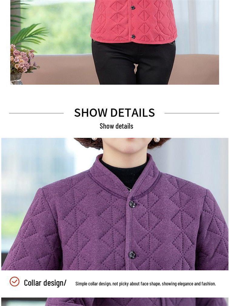 Women's Autumn/Winter Quilted Cotton Jacket for Middle-Aged and Elderly - Stand Collar, Warm, Thickened Design