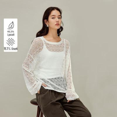 INMAN Women's Lyocell Linen Hollow Knit Drop Shoulder Top
