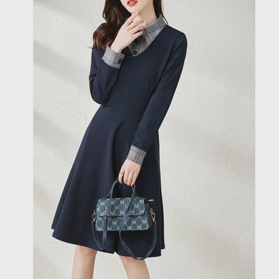 Elegant Patchwork Slimming Midi Dress for Early Autumn