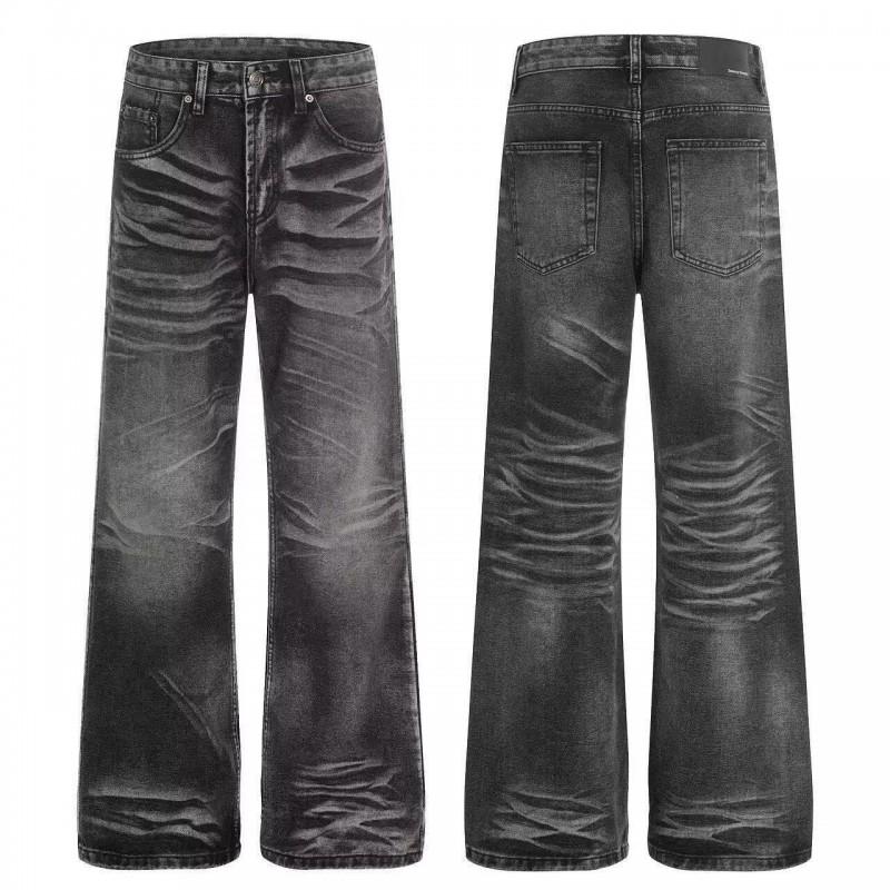Mens Vintage Washed Black Straight Fit Loose Denim Jeans Casual Wide Leg Trousers Daily Wear
