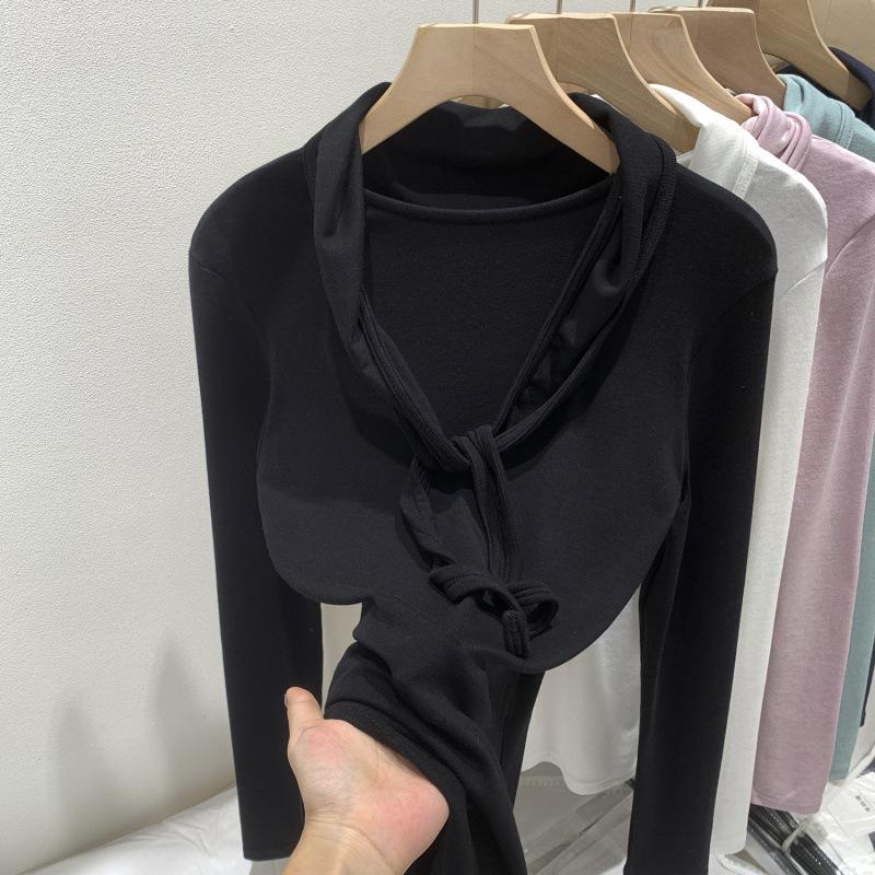 

Korean Style U-Neck Long Sleeve Shawl T-Shirt for Women - Winter 2025 Slim Fit Inner Base Layer 2-in-1 Top Small чёрный