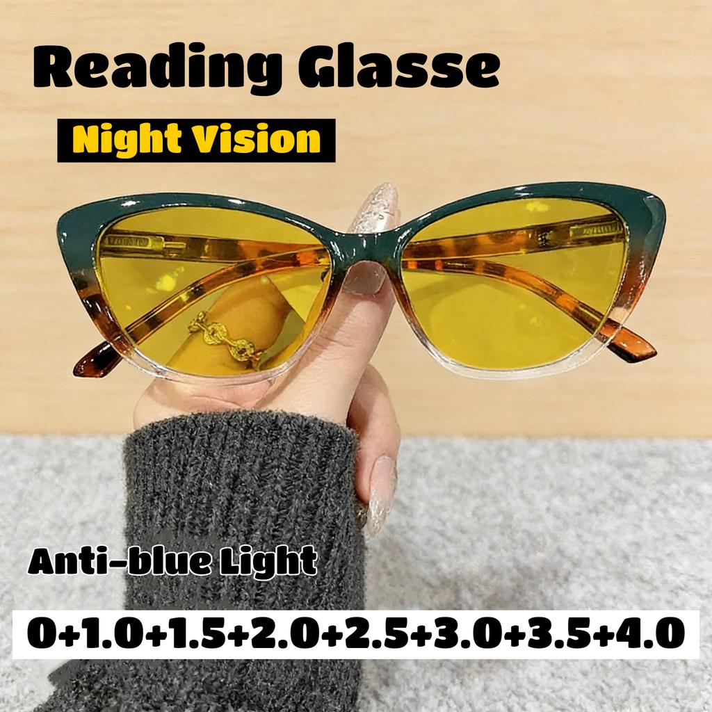 Men Women Retro Cat Eye Frame Reading Glasses Fashion Night Vision Glasses High Definition Anti-Blue Light Farsighted Glasses