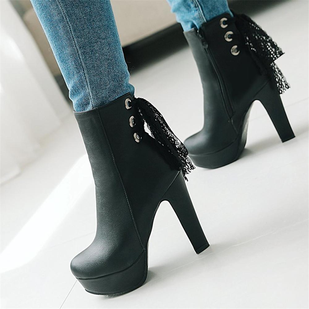 Fashion Elegant Short Boats Women Shoes Autumn Winter Women's Ankle Boots Platform Sweet Lace Black White Heeled Party Shoes Ladies