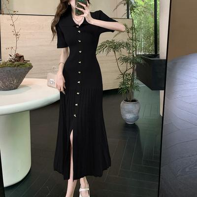 Spring Women Temperament Dress Turn Down Collar Short Sleeve Ladies Single Breasted Slim Mid-Length Robe Plus Size