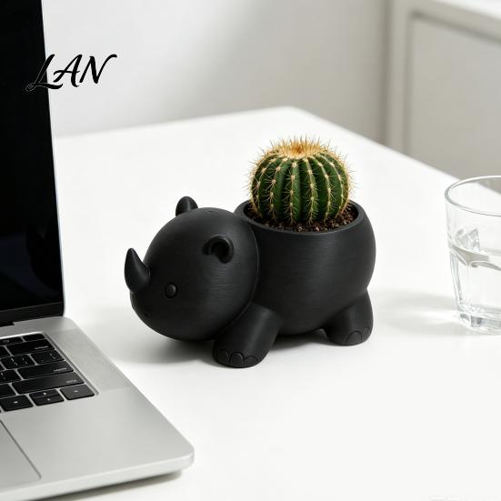Desktop Plant Container Cute Rhinoceros Planter, 3D Printed Rhino Flower Pot, Animal Pot Decorative for Succulents Cactus Houseplants Unique Gardening