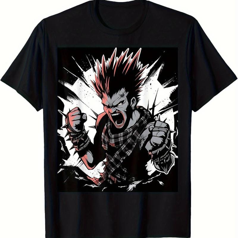 

Summer Bestseller Men s Punk Rock Band Short-sleeved T-shirt - Black with Signature Red Mohawk and Plaid Shirt Design 4XL