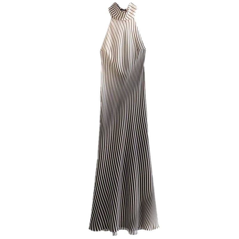 Fashion Style 2024 Amoi Women's Hanging Collar Silk Satin Texture Stripes Mid Length Long Length Dress 3142009 064