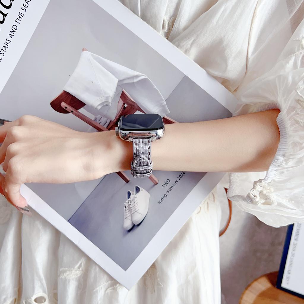 Leather Watch Band For Apple Watch Series 10 9 8 7 SE 6 5 4 3 2 1 42mm 41mm 40mm 38mm Straw Mat Texture Strap