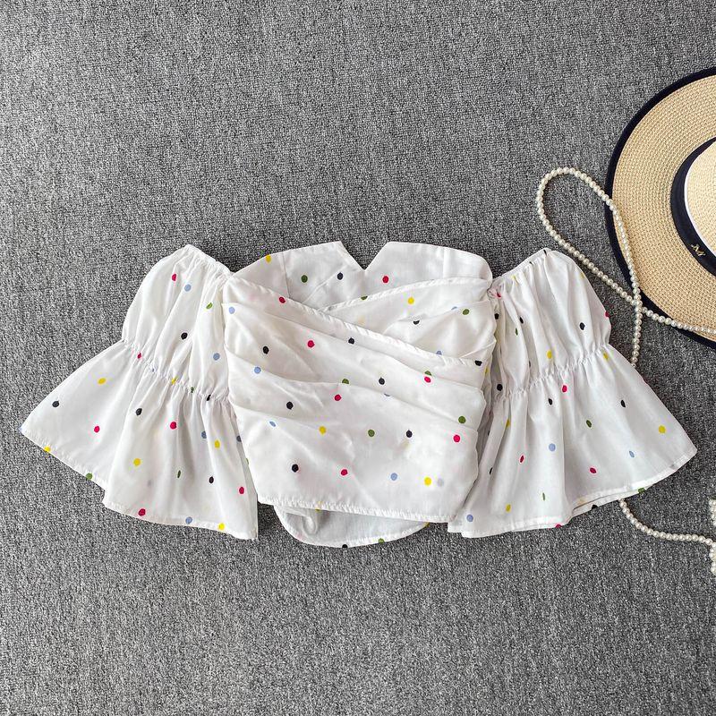 

French style Sweet Polka Dot Temperament off-Shoulder Bell Sleeve Shirts Women New Pleat Cross Slim fit Slimming Short Jacket White One size