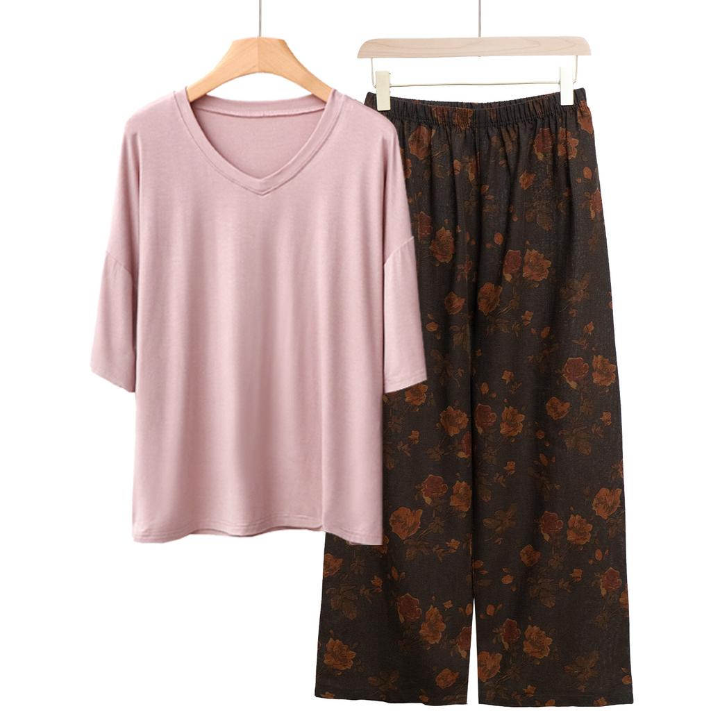Pajamas Women's Spring and Summer New V-neck Short-sleeved Cotton and Linen Pants European and American Large-size Loungewear Two-piece Set