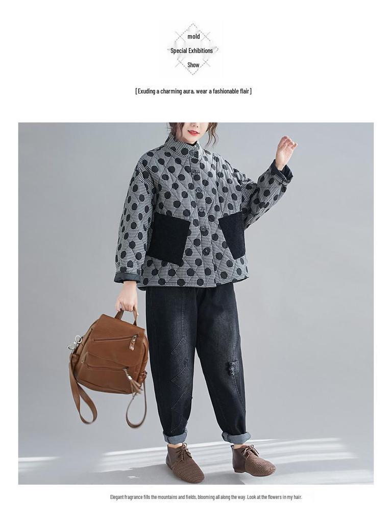 2024 Plus Size Women's Retro Argyle Short Quilted Cotton Jacket with Polka Dots