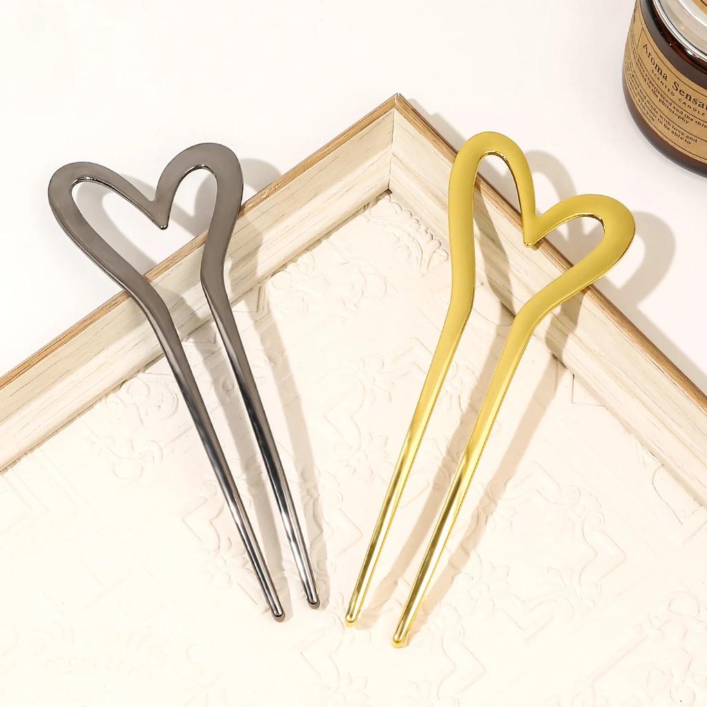Korean Metal U Shape Love Heart Hair Pins for Women Girls Silver Gold Color Hairwear Simple Heart Shaped Hair Sticks Accessories