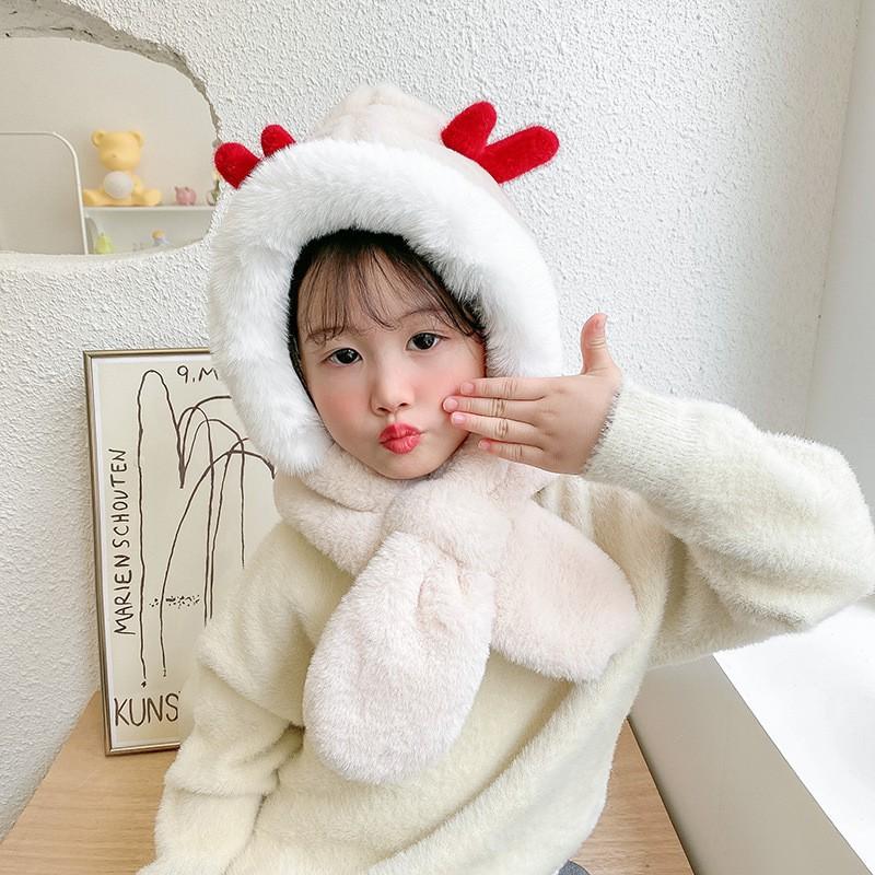 Kids Winter Warm Fleece Hooded Scarf With Deer Antlers Cartoon Design Girls - Chunky Knit Neck Warmer