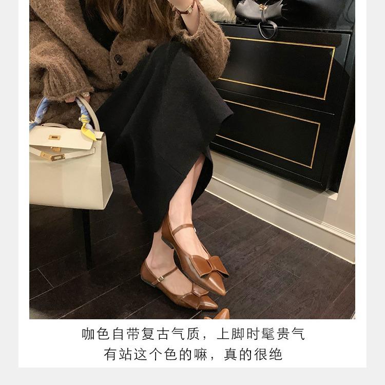 

Low-heeled one-word Mary Jane shoes women s new black bow flat-bottomed short-heeled pointed single shoes 39 коричневый