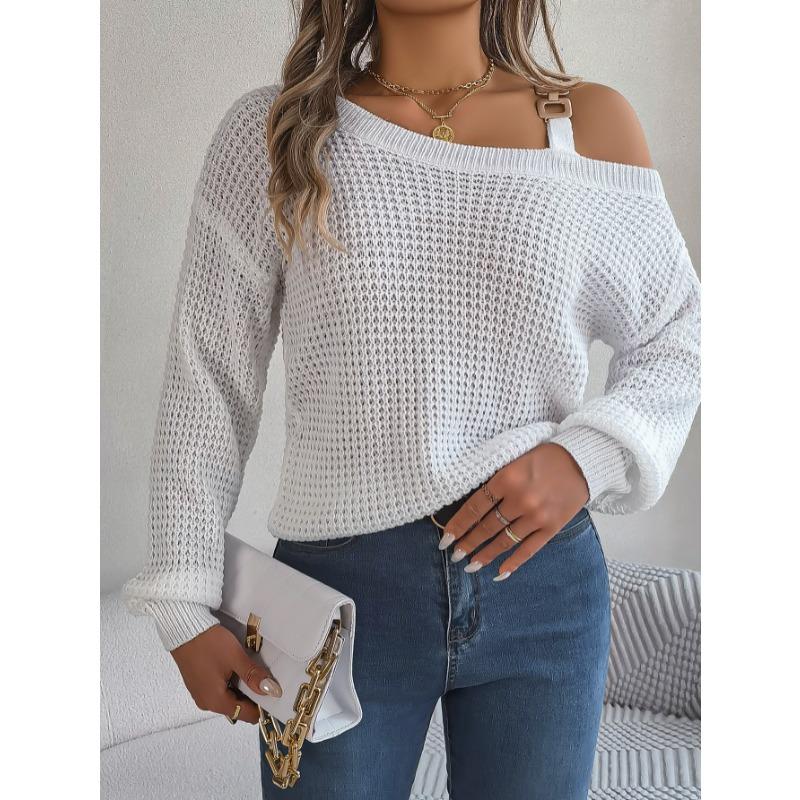 Autumn Winter Casual Metal Buckle Splicing Off-the-shoulder Pullover Sweater Fashion Elegant Lantern Long Sleeve Casual Simple Women Sweater Clothing