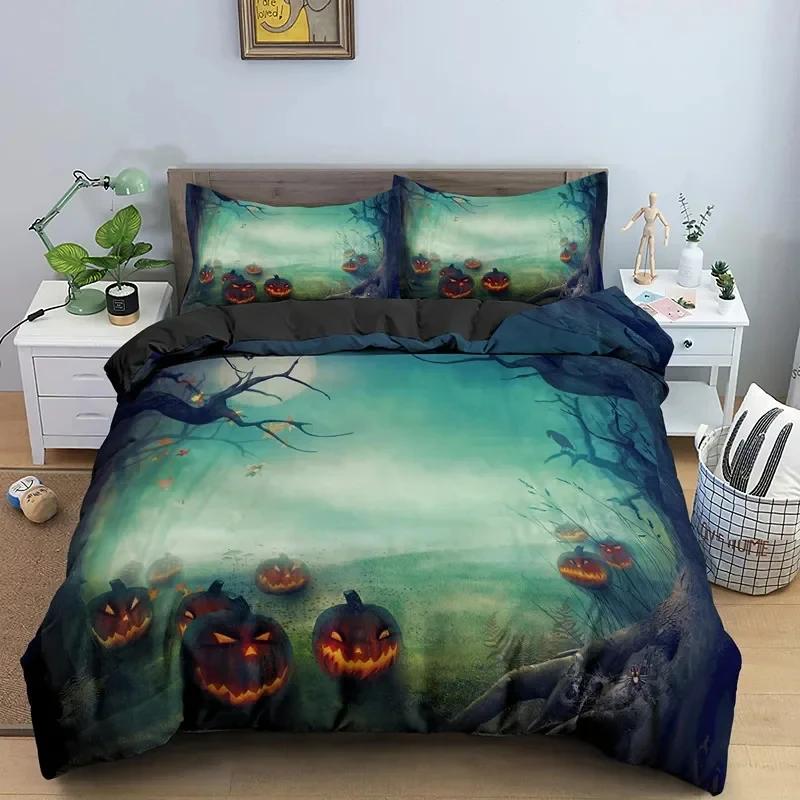 Happy Halloween King Queen Duvet Cover Orange Pumpkin Bedding Set Boys Teens Adults Bats Horror Festival Polyester Quilt Cover