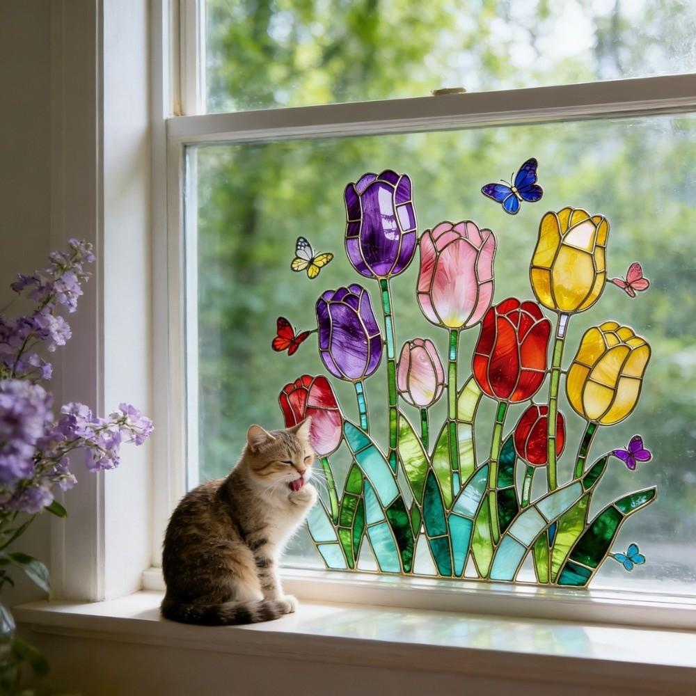 Art Waterproof Tulip Window Decals Removable DIY Butterfly Wall Stickers Self-adhesive Home Decor Tulip Glass Stickers Bedroom