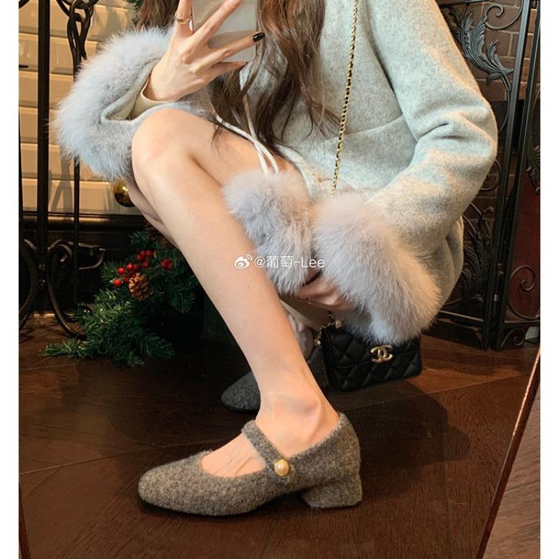 ~ Square head word with light mouth velvet to increase height thick heel Mary Jane single shoes women