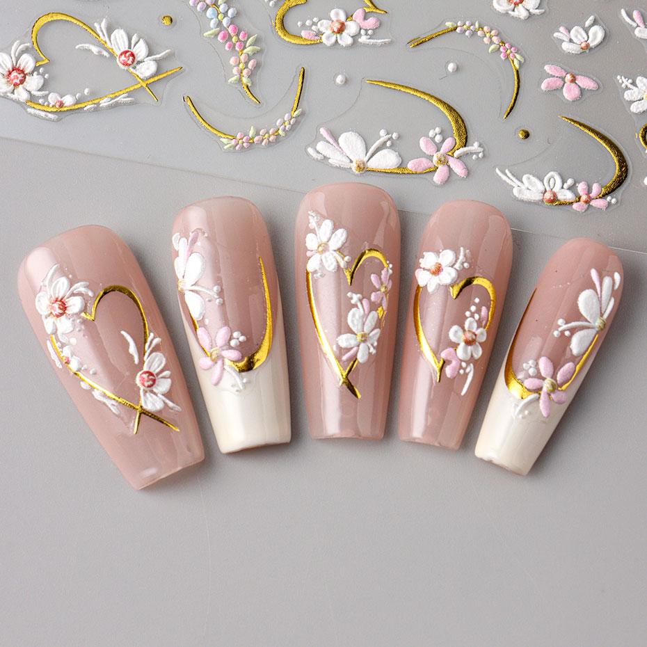 5D Embossed Kawaii Floral Gold Line Sliders Spring White Flowers Nail Stickers DIY Petals Wedding Nails Decals Accesories