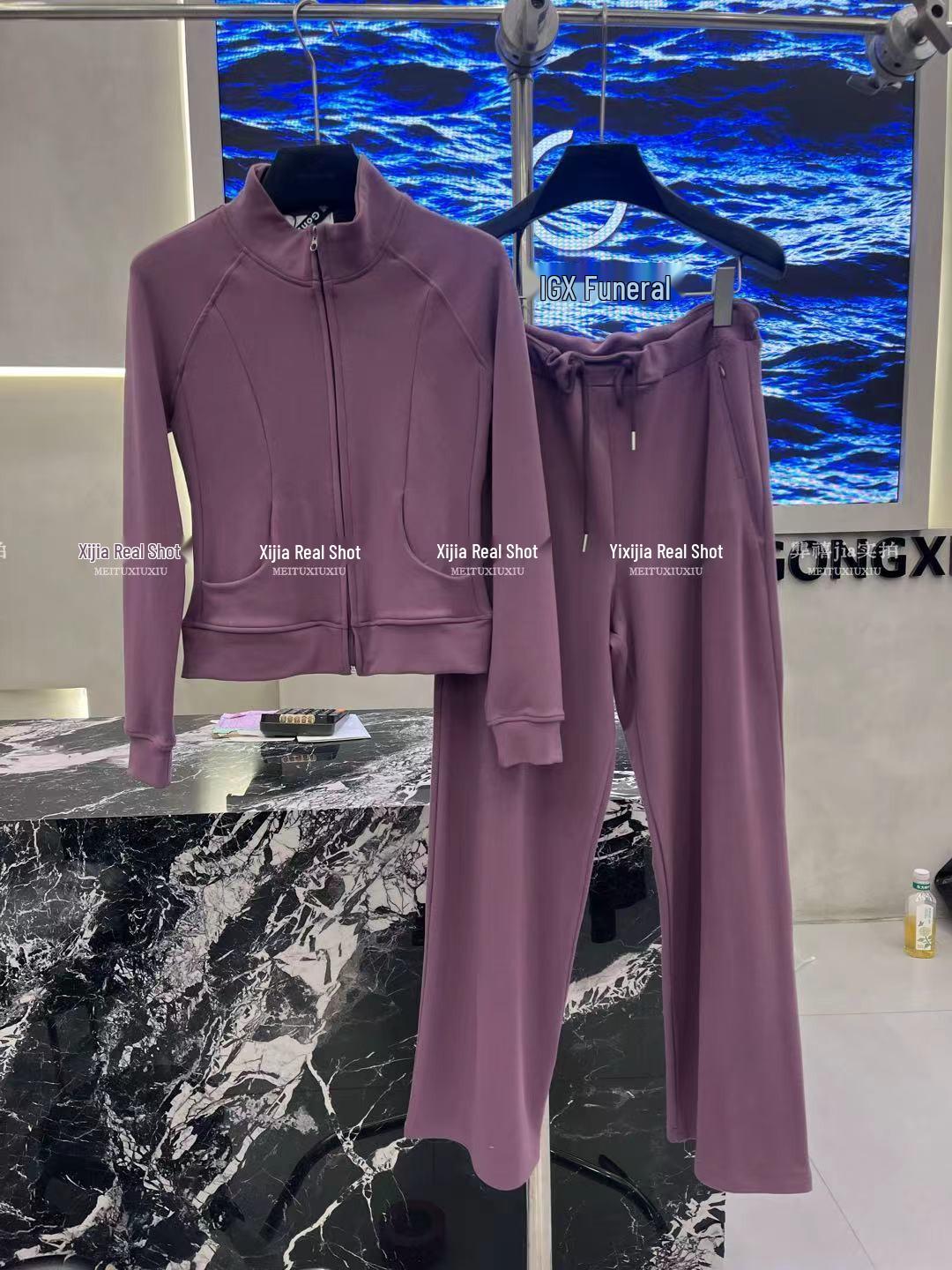 

Women s Sportswear Set: Waist-Cinching Jacket & High-Waisted Pants for Autumn/Winter Yoga & Commute Large фиолетовый