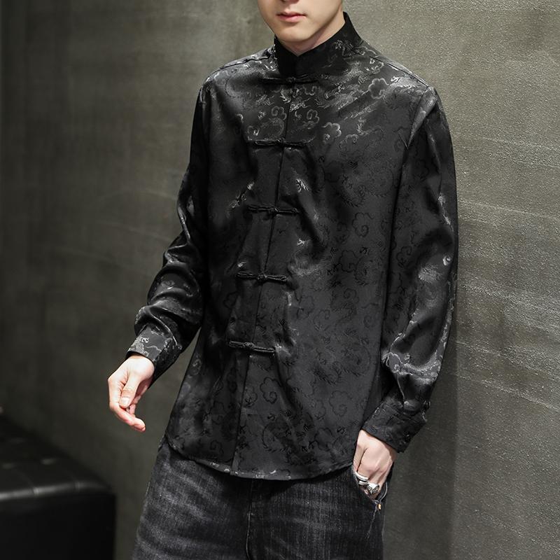 Men Chinese Style Vintage Shirt Mens Tops Tang Suit Fashion Solid Traditional Long Sleeve Stand-Up Collar White Shirt