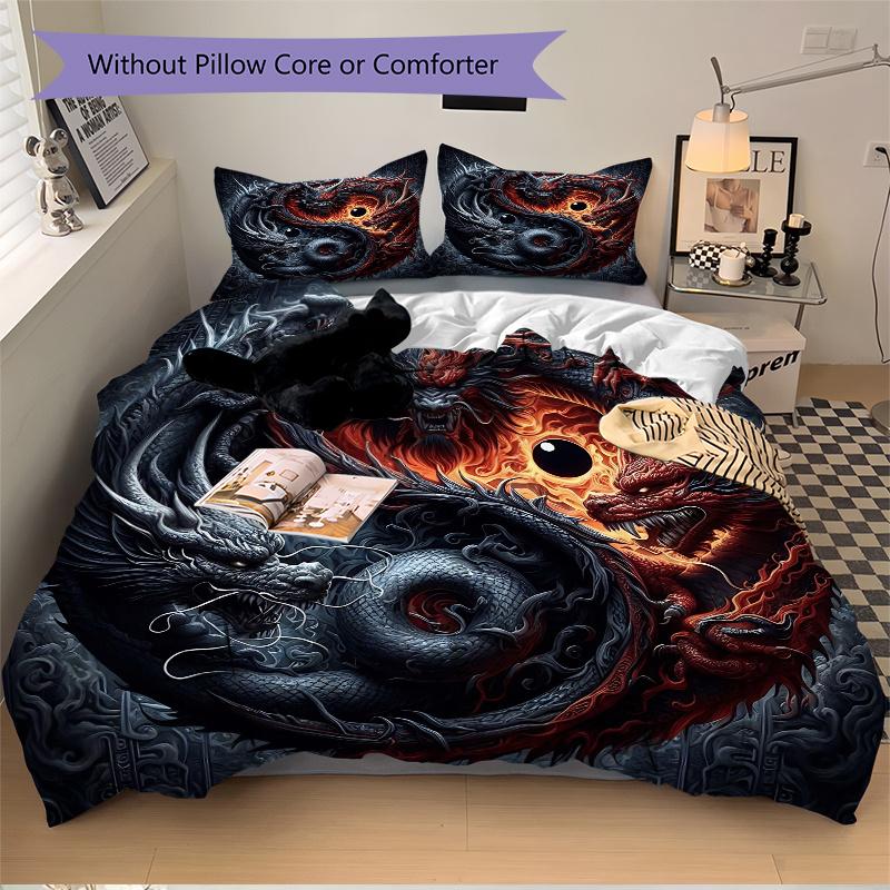 3pcs The Epic Battle of Red and Black Dragons Printed Quilt Set - Soft and Comfortable Quilt Cover for Bedroom, Guest Room and Dormitory Decorati