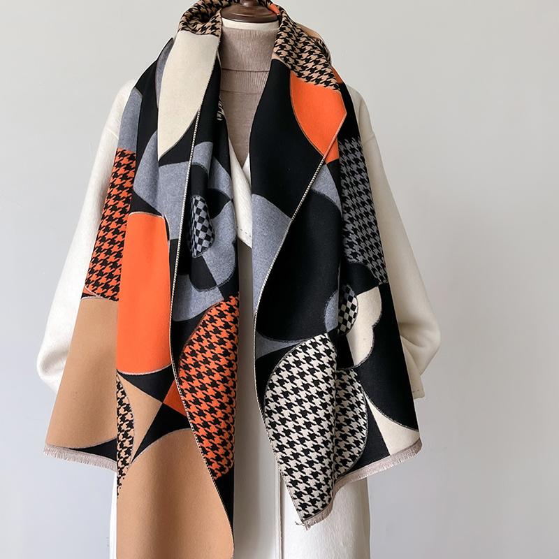 Warm Winter Scarf for Women Luxury Geomatic Pashmina Shawls Thick Cashmere Blanket Chunky Stoles Lady Elegant Poncho Bufanda