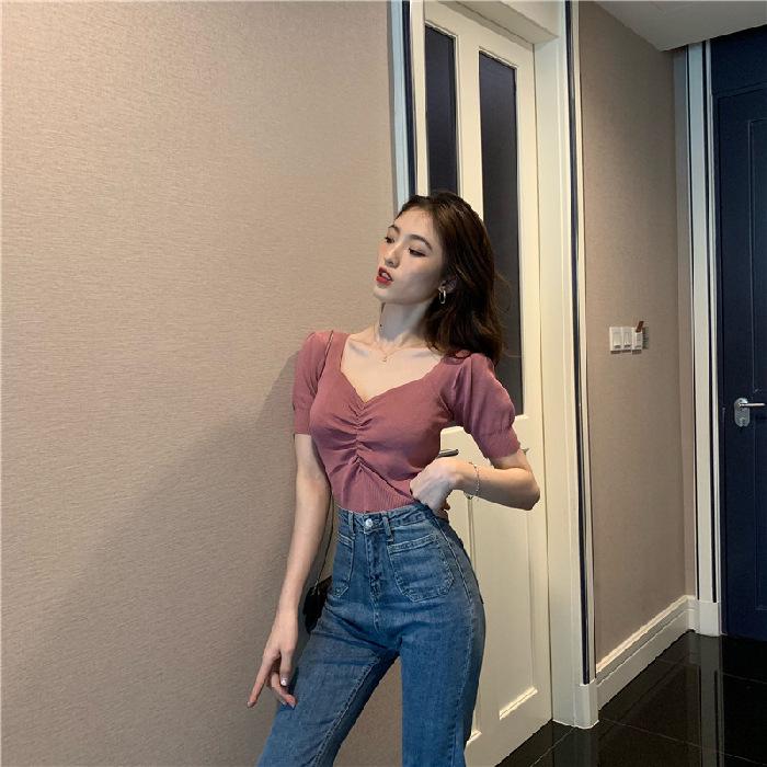 Sommer Neu Koreanische Version Retro Puffärmel Kurzer Saum Slim V-Ausschnitt Kurzarm Strickpullover T-Shirt Damen