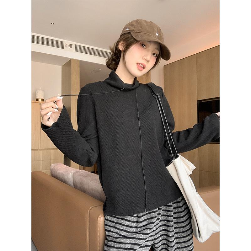 

Корейский топ с полувысоким воротником и завязками, с длинными рукавами для женщин на осень и зиму, свободный и универсальный, ленивая трикотажная основа XL