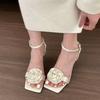 Fashion Stiletto Sandals Summer New Fashion Flowers Square Toe One Strap with Skirt Non-slip Temperament High Heels Women
