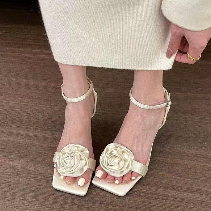 Fashion Stiletto Sandals Summer New Fashion Flowers Square Toe One Strap with Skirt Non-slip Temperament High Heels Women