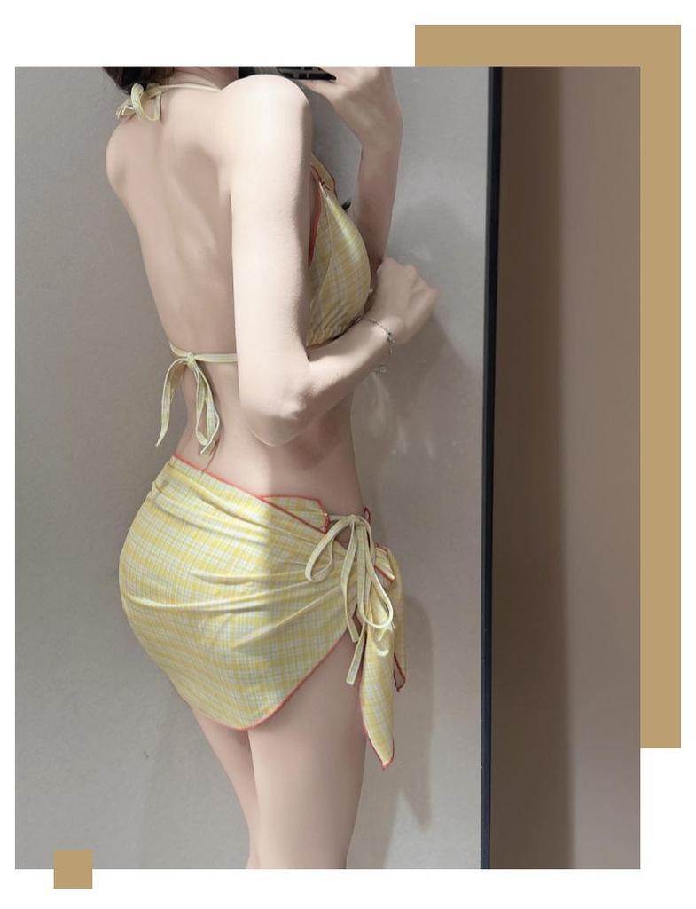 Vintage Bow Strappy Three-Piece Bikini Push-Up Swimsuit - Hot Girl Slim Fit for Small Bust