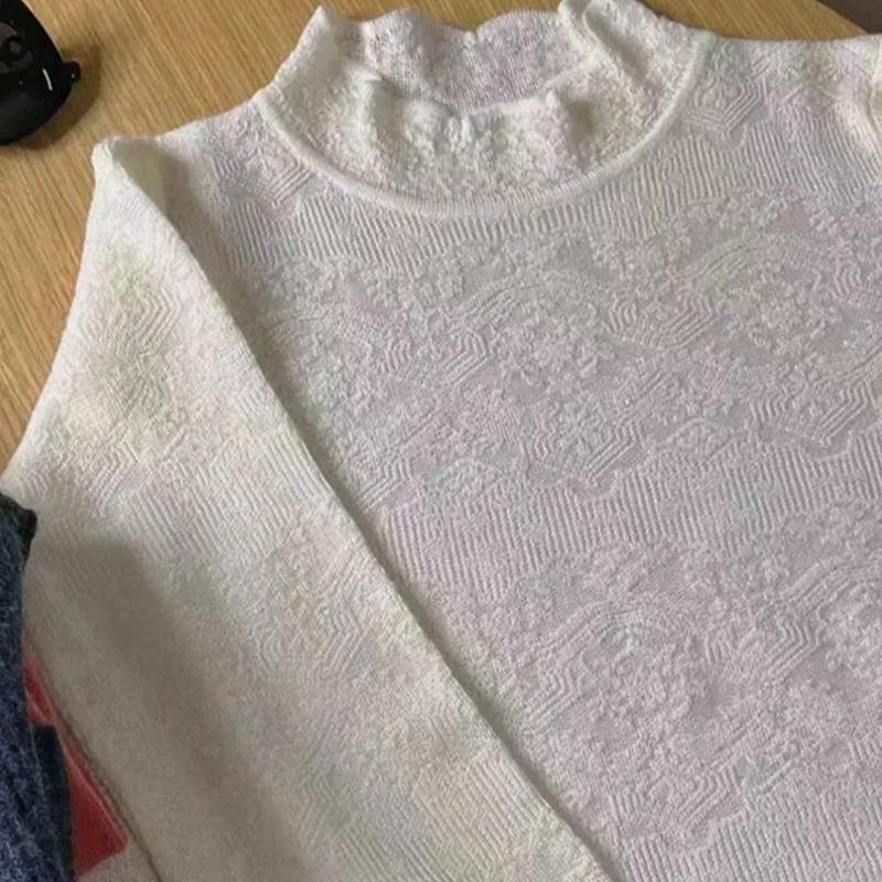 French Romantic Ruffled Collar Inner Lace Base Layer Unique Jacquard Long Sleeve Knitwear Loose Hollow-out Top