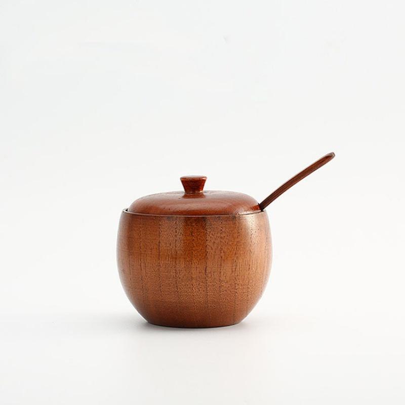 Wooden Salt Cellar Sugar Bowl Pepper Box with Lid and Spoon Salt Seasoning Container Storage Box Wooden Spice Box Spice Jars