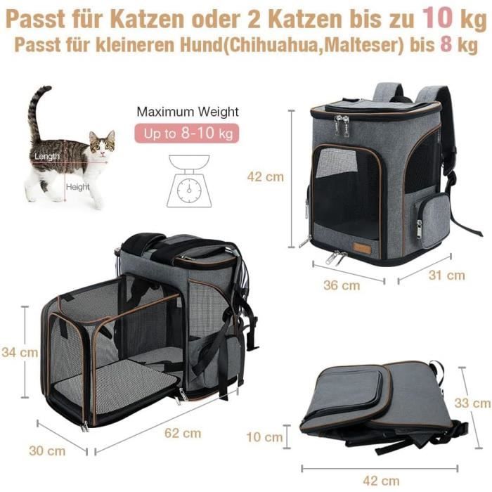 Erweiterbarer Rucksack - lekesky - grau - für Katzen und Hunde bis 10 kg - bequem und langlebig - 3 Eingänge